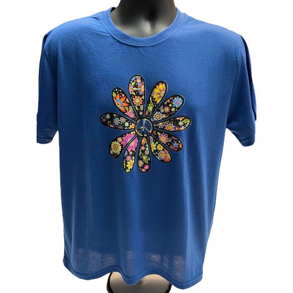 Flower Power Peace Symbol Blue Shirt - Picture 1 of 5